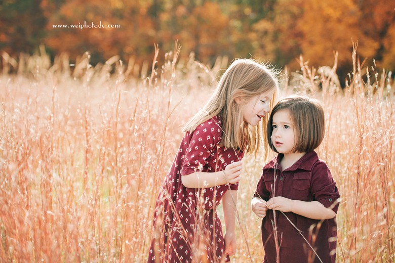 two girls wearing purple dress standing in red grass field,elder sister is whispering to the younger one