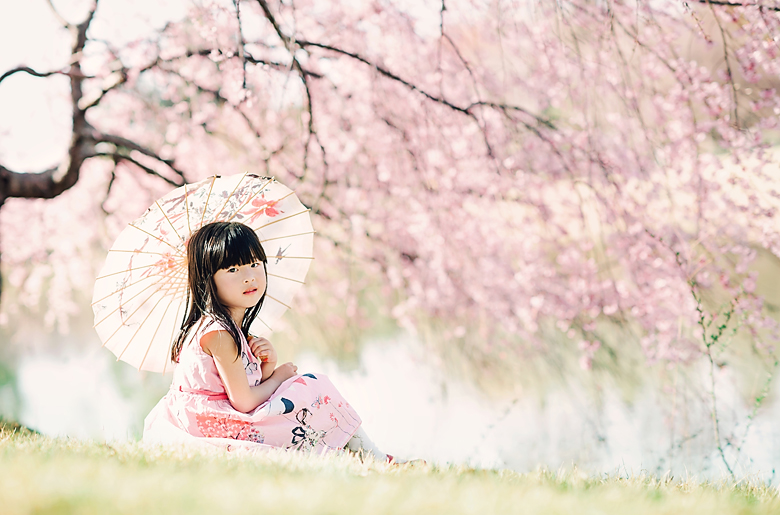 a girl wearing pink dress sitting by cherry blossom tree, with umbrella on her shoulder.