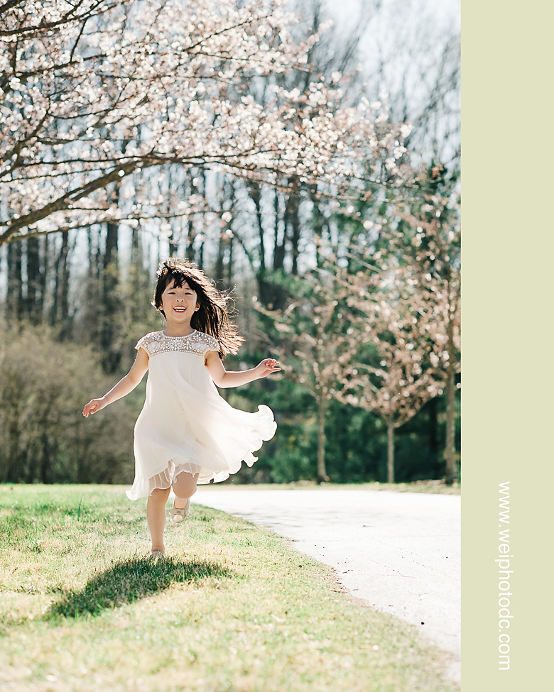 a little girl is running happily with cherry blossom background