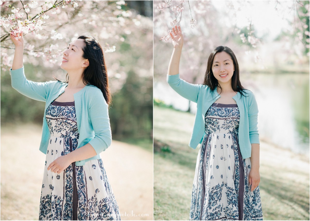 young lady standing by cherry blossom tree and trying to reach the branches.