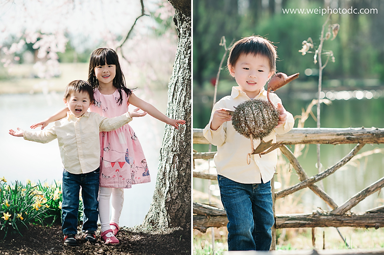 The brother and sister happily stretch their arms.